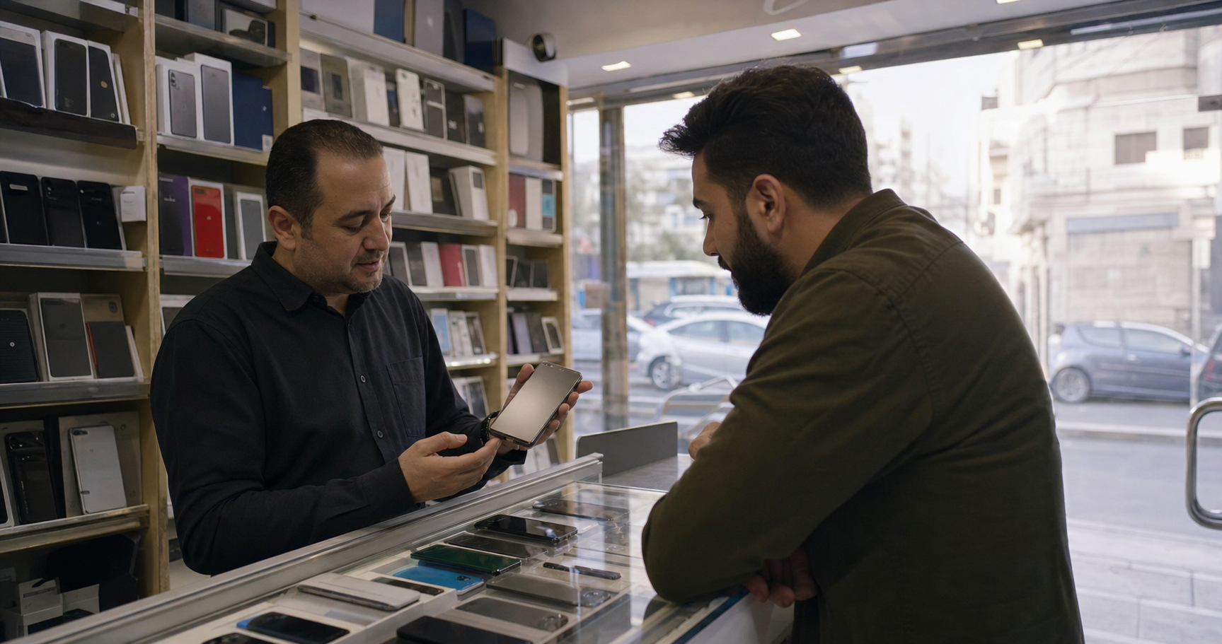 معاينة موبايلات مستعملة في محل محلي
